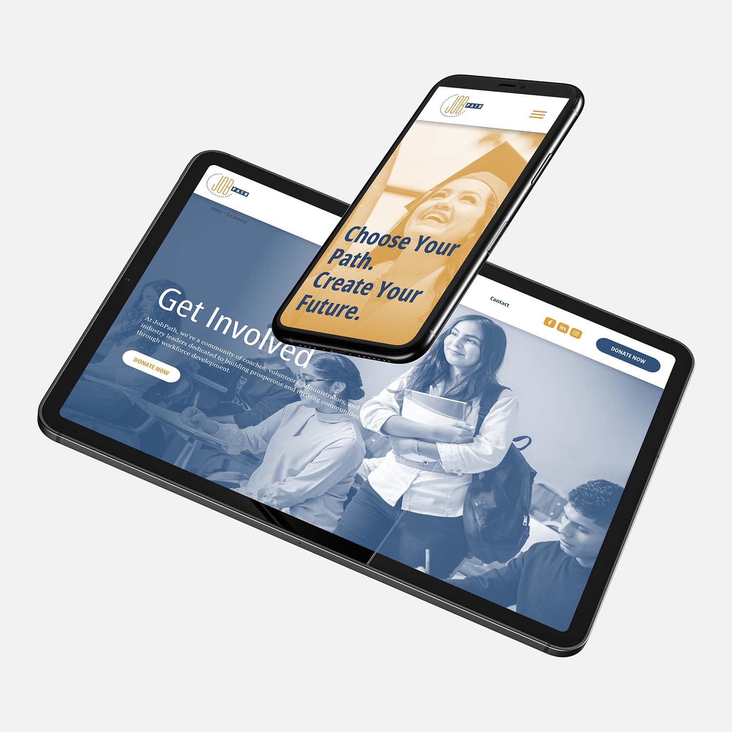 JobPath website inner page displayed on a landscape ipad with an iphone partailly obscuring the device by floating above it displaying the JobPath homepage in portrait.