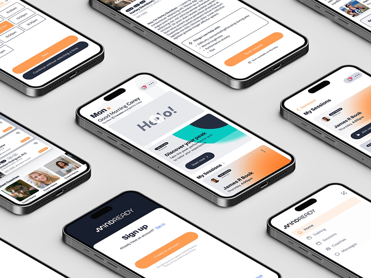 MindReady App screens shown in a collection of iphones arranged in rows set at an angle